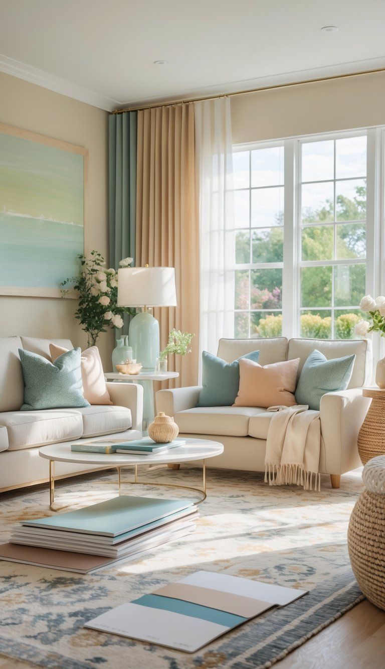 A sunlit living room with a sofa, coffee table holding color swatches, and decor items arranged in a cohesive color scheme.