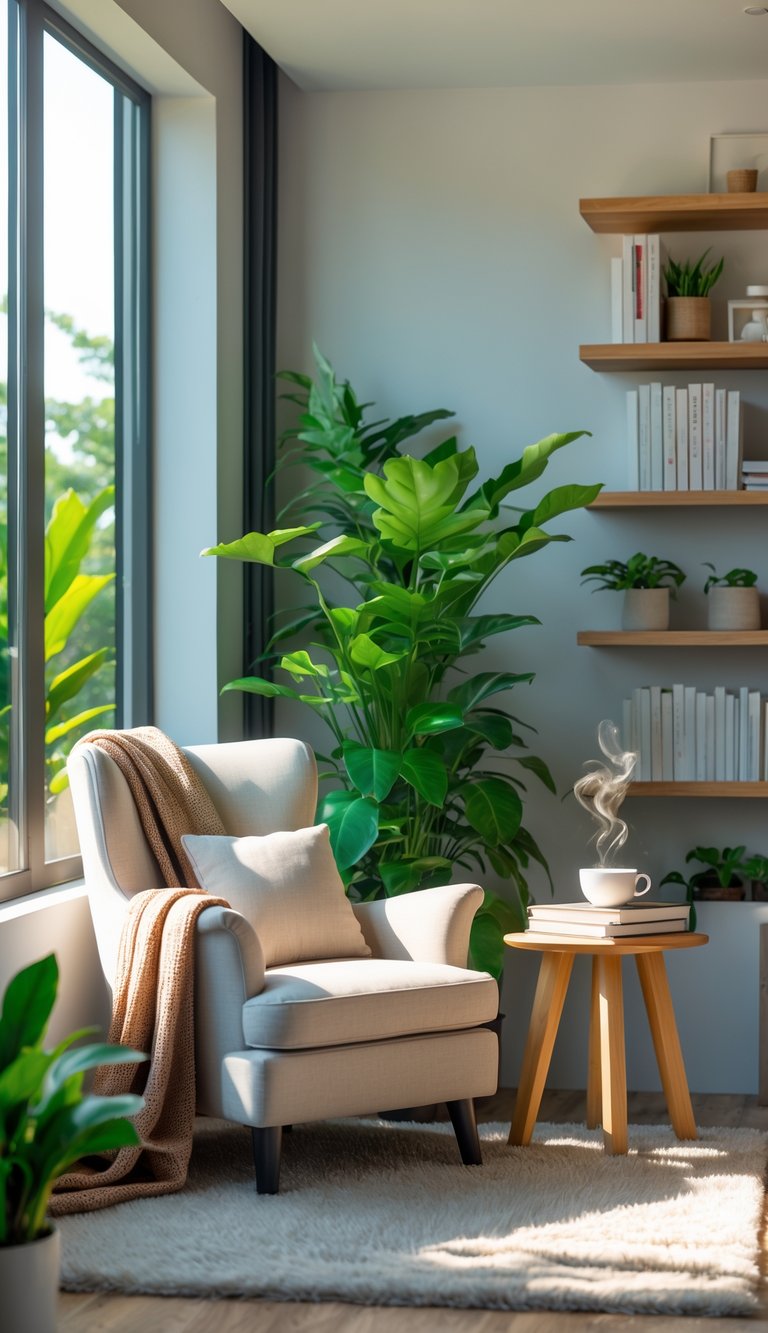 A cozy reading nook by a window with an armchair, cushions, a side table with a cup and books, surrounded by plants and shelves.