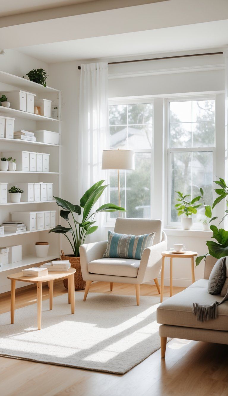 A tidy, sunlit living room with organized shelves, green plants, and a cozy reading chair, creating a peaceful and clear environment.