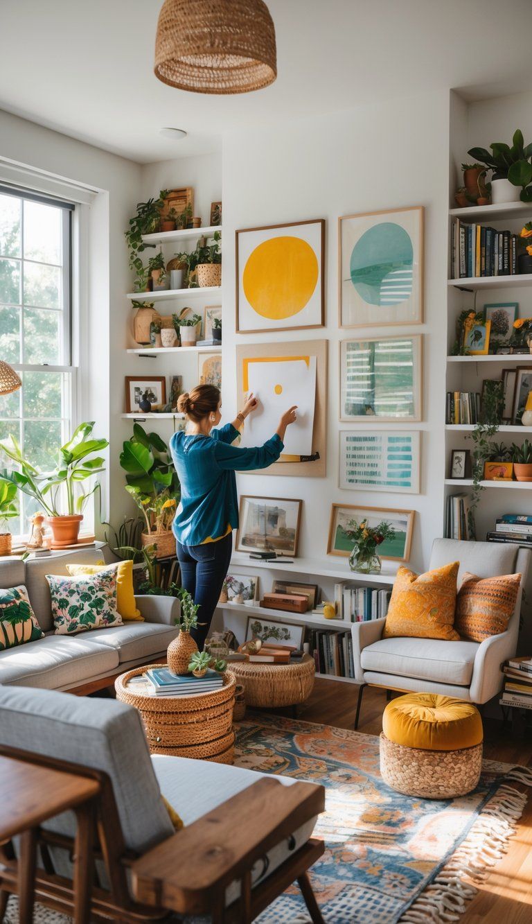 A person arranging artwork on the wall in a cozy living room filled with furniture, plants, and personal decor items.
