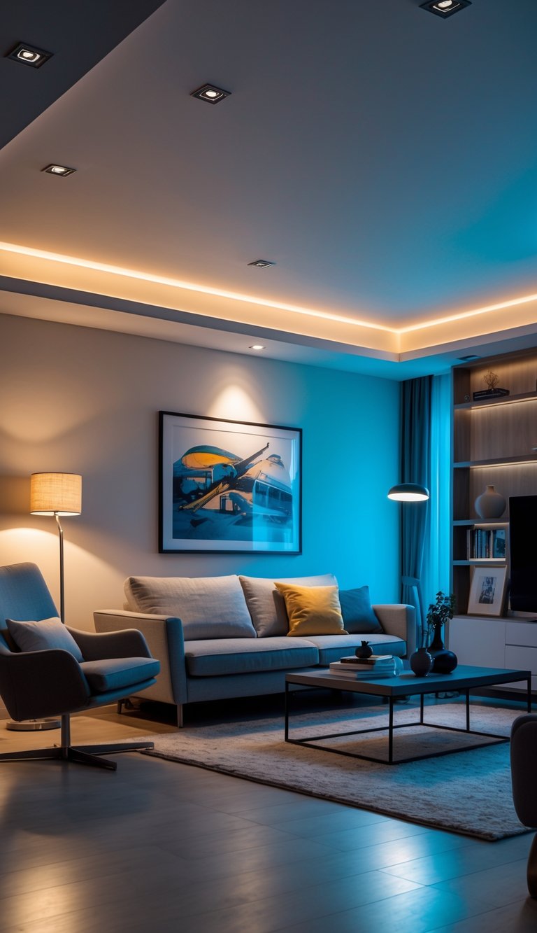 A modern living room with multiple light sources including ceiling lights, a floor lamp, and accent lighting highlighting artwork.