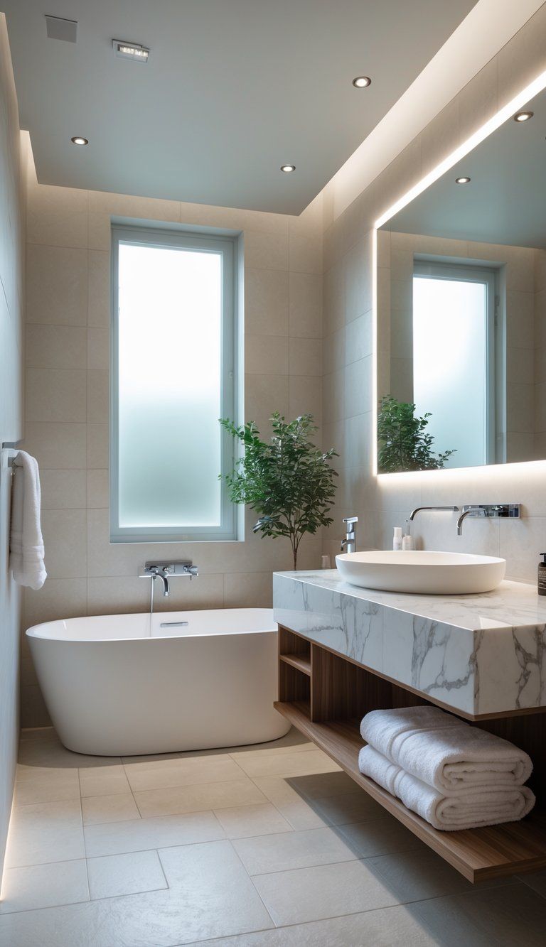 A modern bathroom with a freestanding bathtub, vanity with mirror, marble countertops, potted plant, and natural light coming through a window.