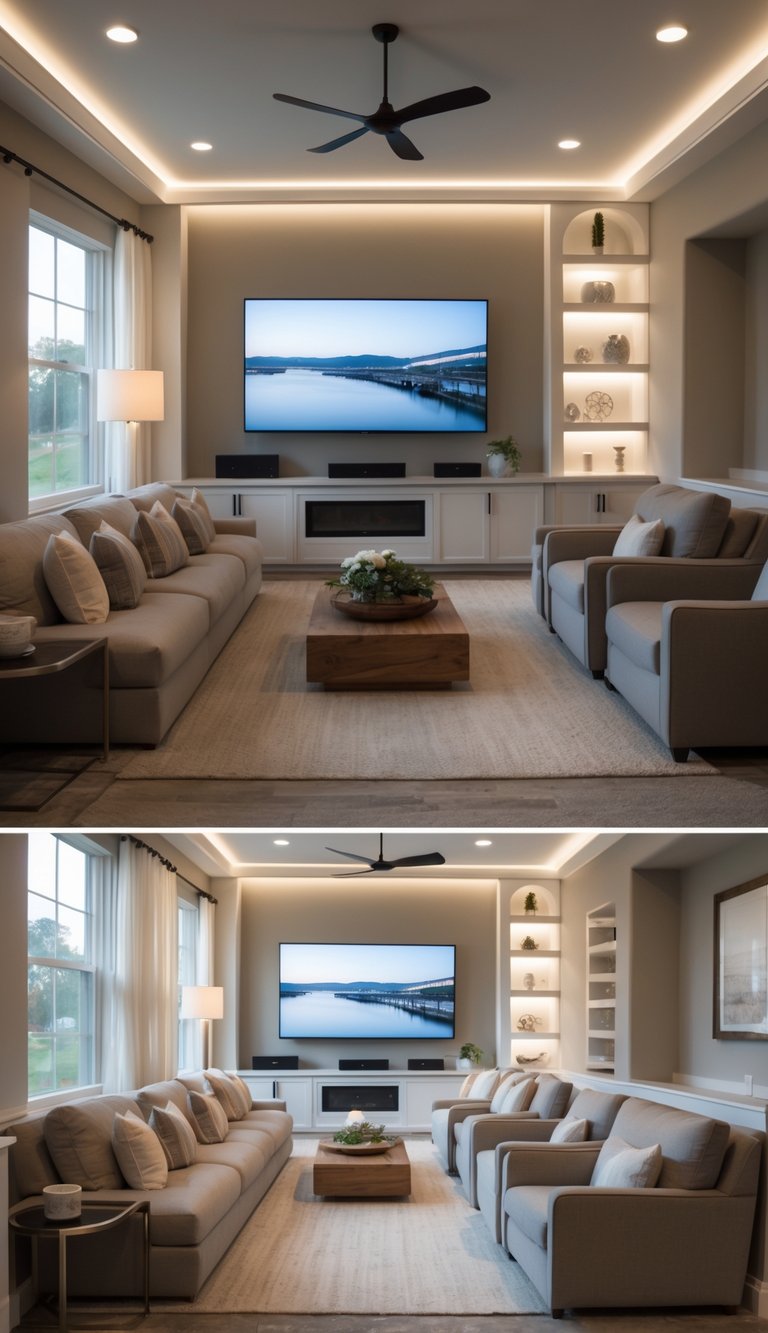 A modern media room with a large TV, comfortable seating, built-in shelves, and natural light from windows, arranged to fit harmoniously within a living space.