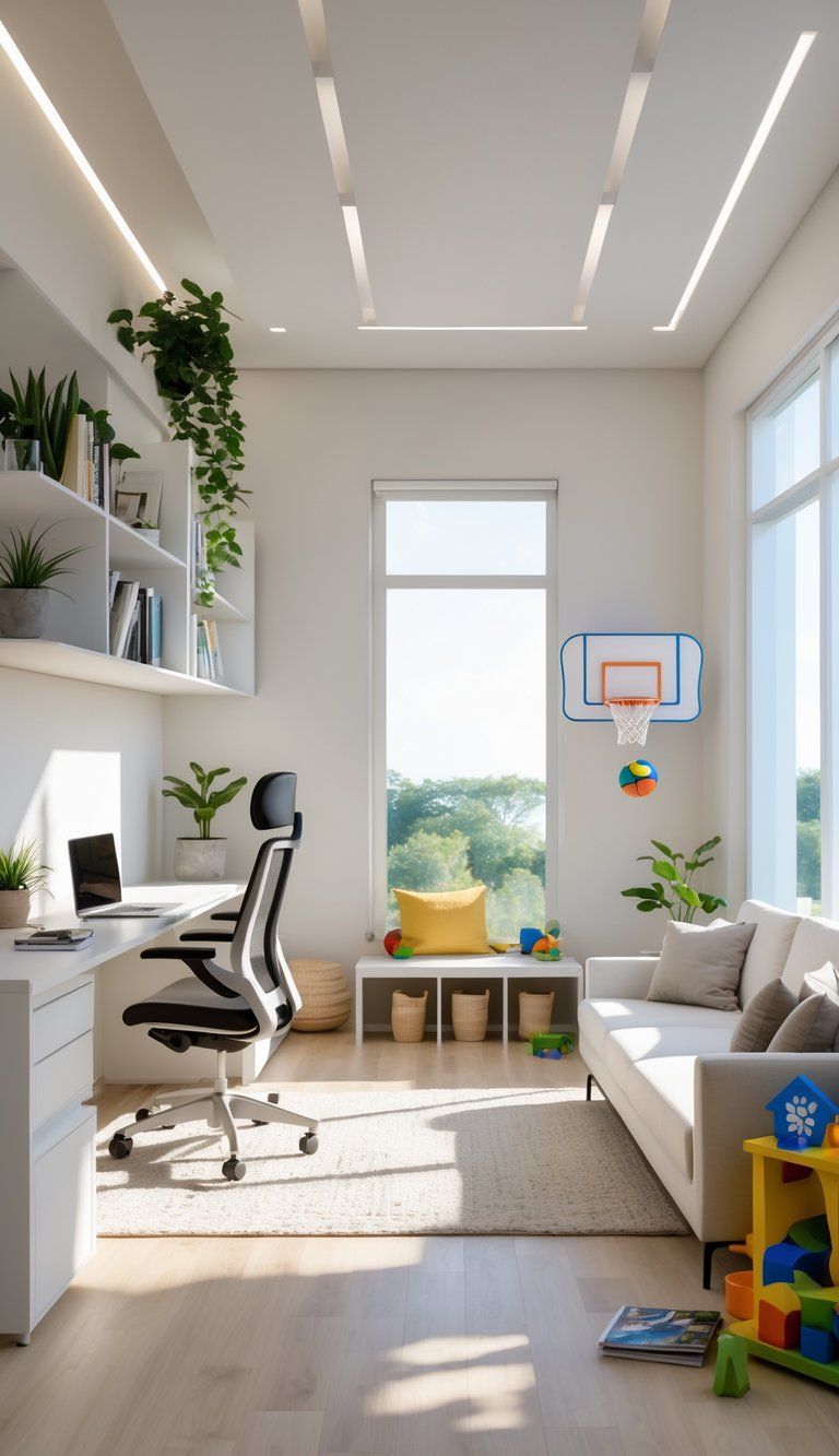 A bright room with a workspace, a lounge area with a sofa, and a play corner with toys and a small basketball hoop.