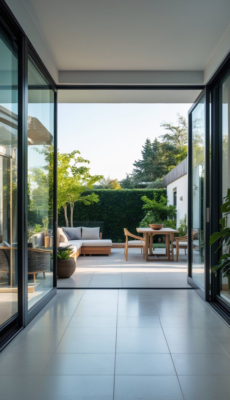 A modern living room with large glass doors open to an outdoor patio surrounded by greenery.