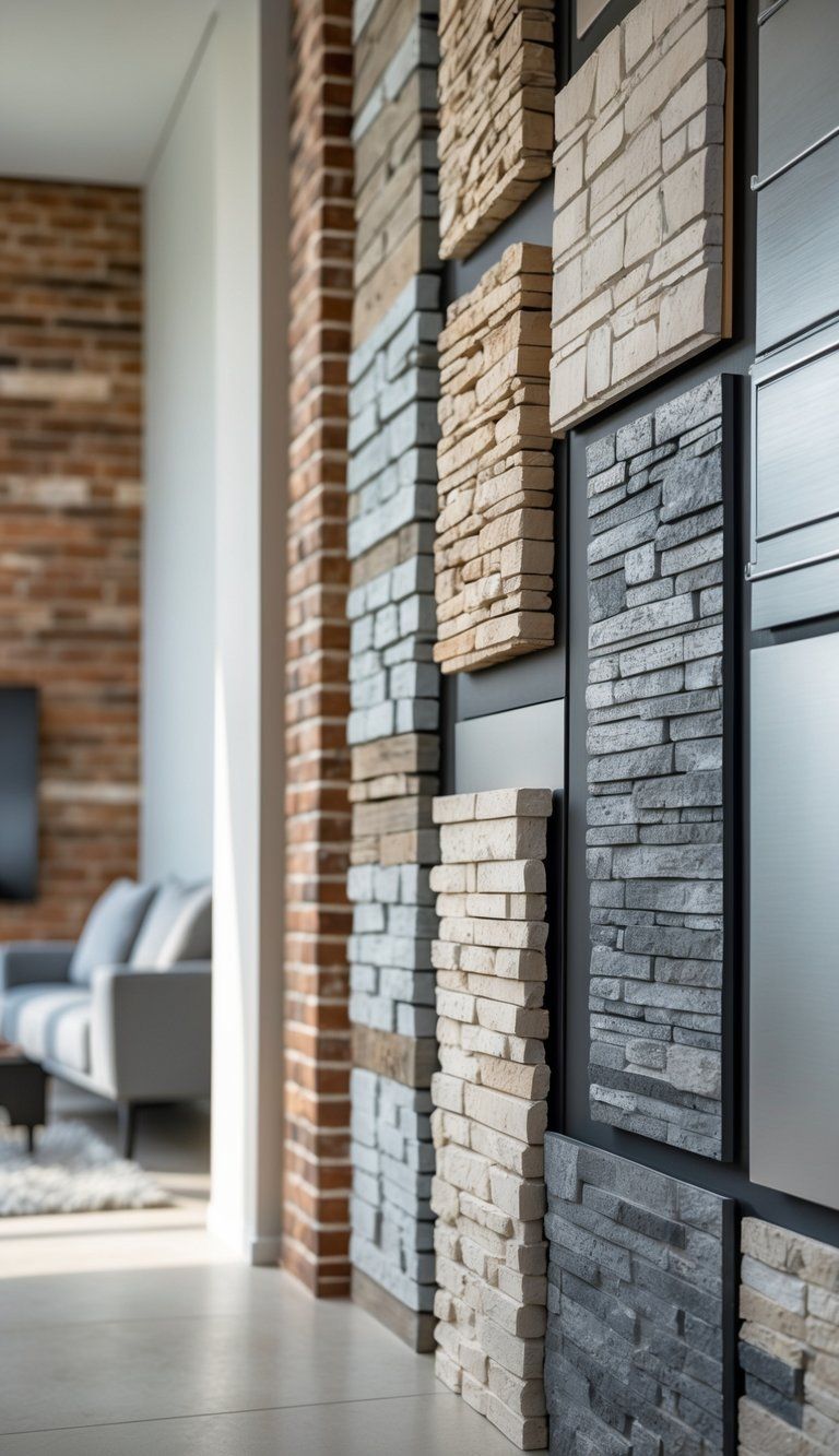 A modern interior wall displaying different wall treatment materials including brick, wood, stone, wallpaper, and metal panels side by side.