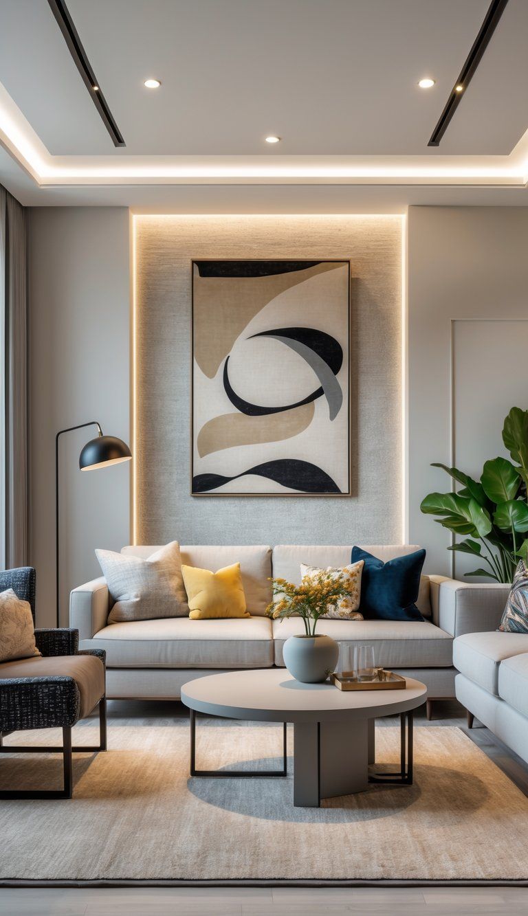 A modern living room with a bold accent wall, abstract artwork above a sofa, stylish lighting, and decorative furniture creating a focal point.