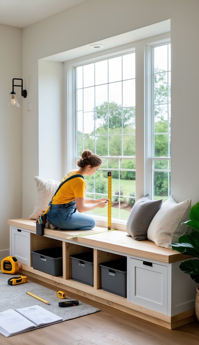 Person measuring and marking wood near a window to build a window seat with storage compartments beneath.