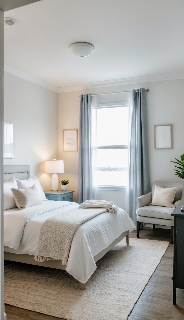 A tidy guest room with a bed, bedside table, armchair, dresser, and natural light coming through a window.