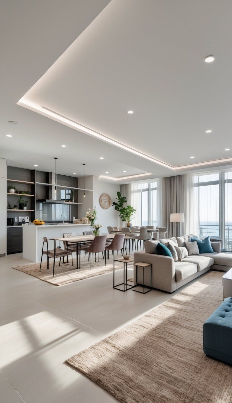 Open-concept living space with a living area, dining area, and kitchen arranged to create separate zones without walls.