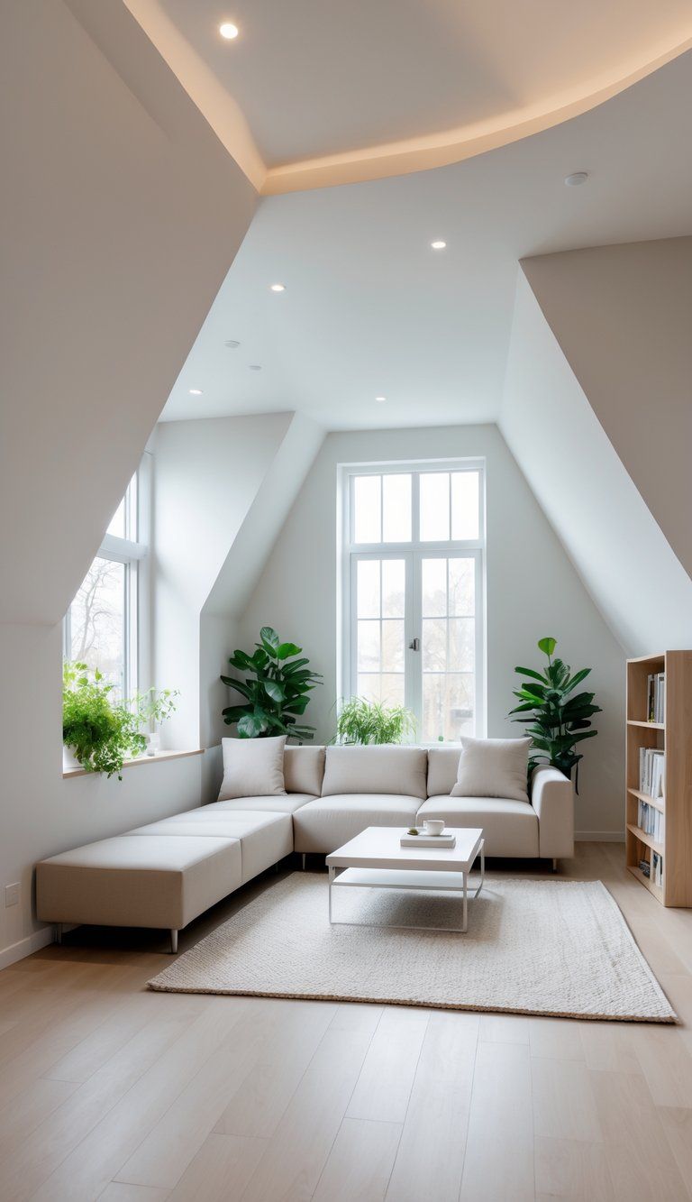 A modern living room with angled walls and furniture arranged to fit the unusual layout, featuring a sectional sofa, coffee table, bookshelf, and plants.