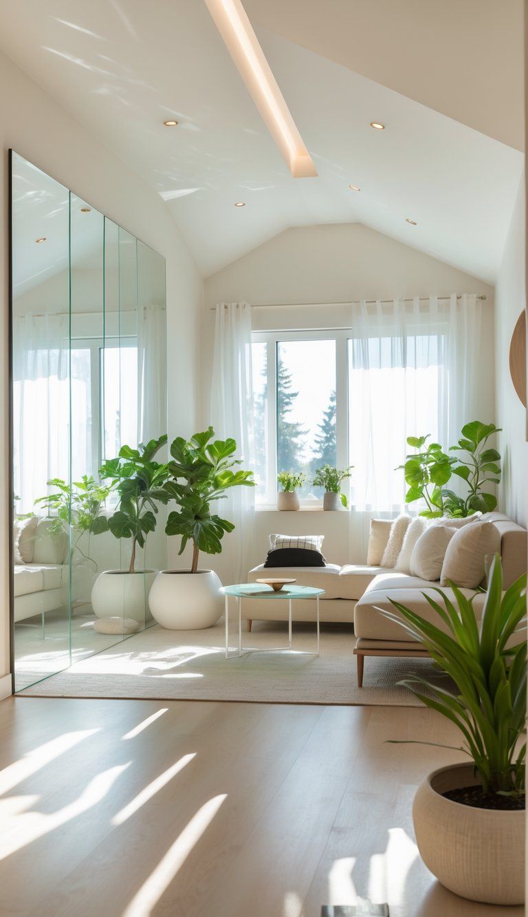 A modern living room with light walls, mirrors, plants, and a small window letting in natural light.