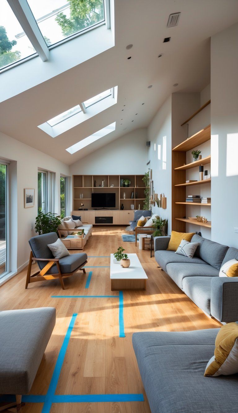 A well-lit living room with furniture arranged to fit an irregularly shaped space, including a sofa, armchair, coffee table, and bookshelves along angled walls.
