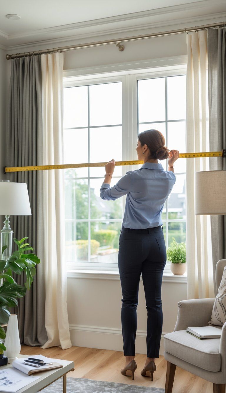 Person measuring a large window with a tape measure in a bright, modern room with curtain samples and home decor.