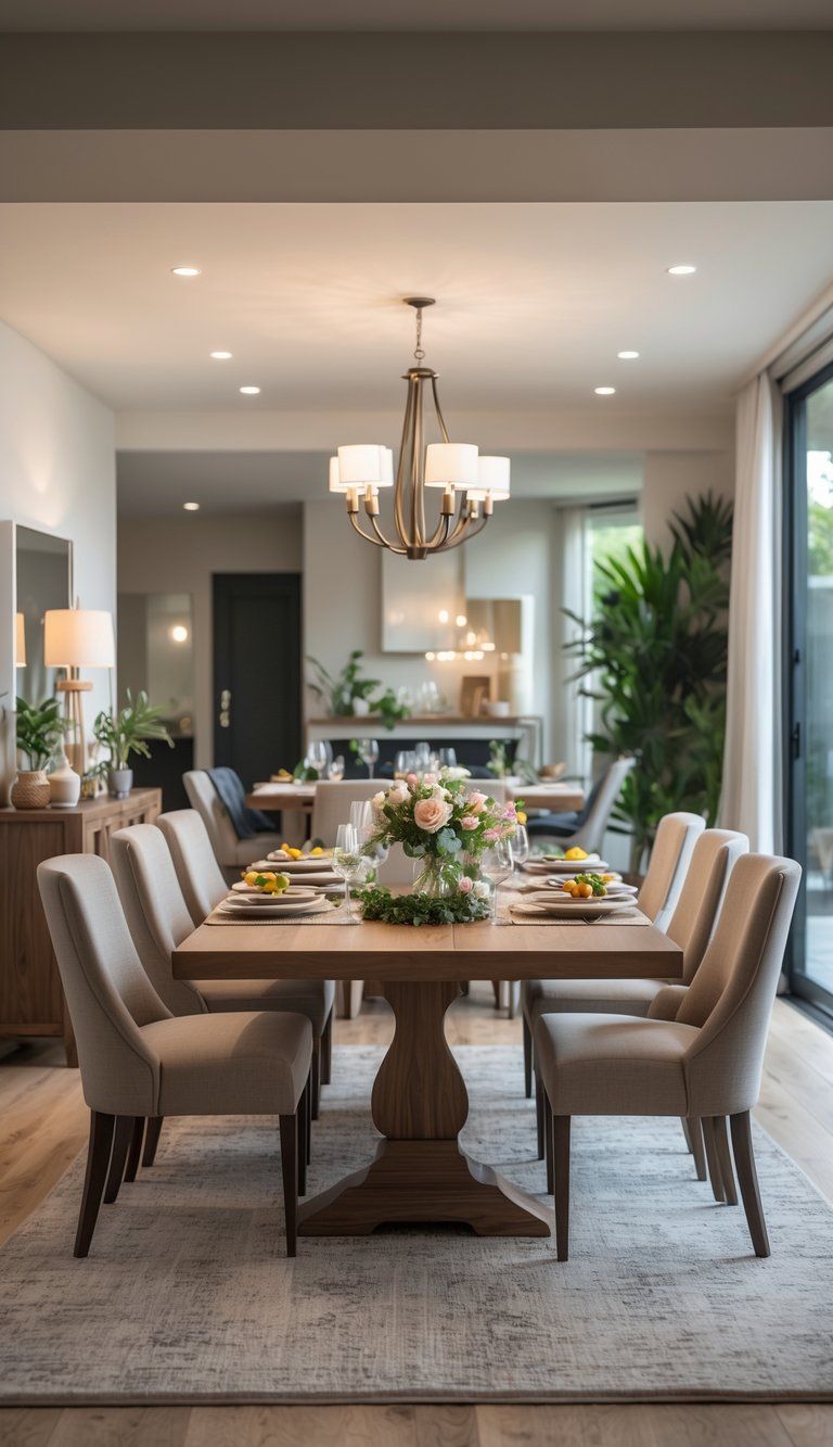 A dining room with a large wooden table set for a meal, surrounded by chairs, with natural light coming through windows, plants, and decorative items creating a welcoming atmosphere.