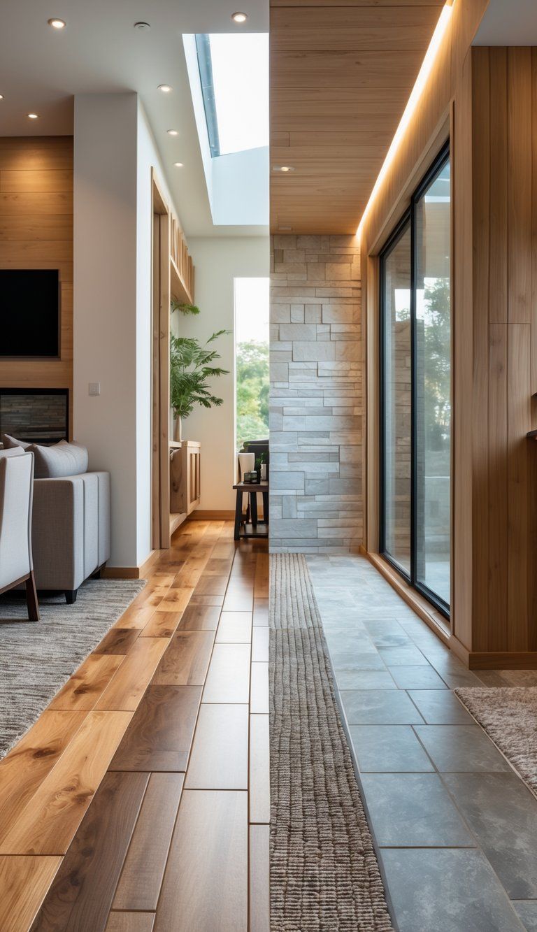 Interior space showing four different flooring types side by side: hardwood, ceramic tile, carpet, and natural stone, each in a distinct room setting.