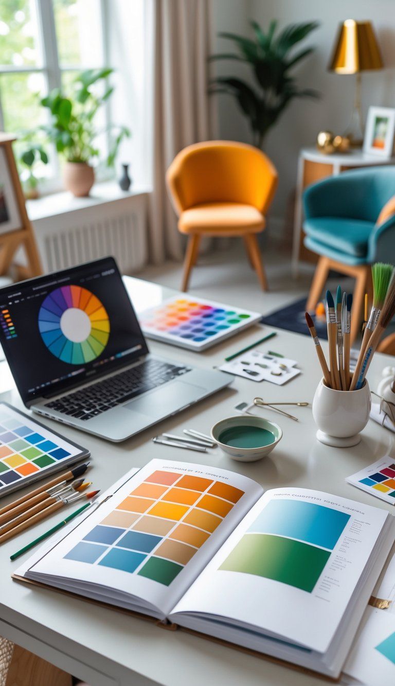 A creative workspace with color swatches, design tools, and a stylish room corner showing coordinated colors.