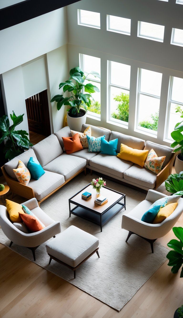 A modern living room with sofa, armchairs, and ottomans arranged in a circle around a coffee table, with natural light and plants.