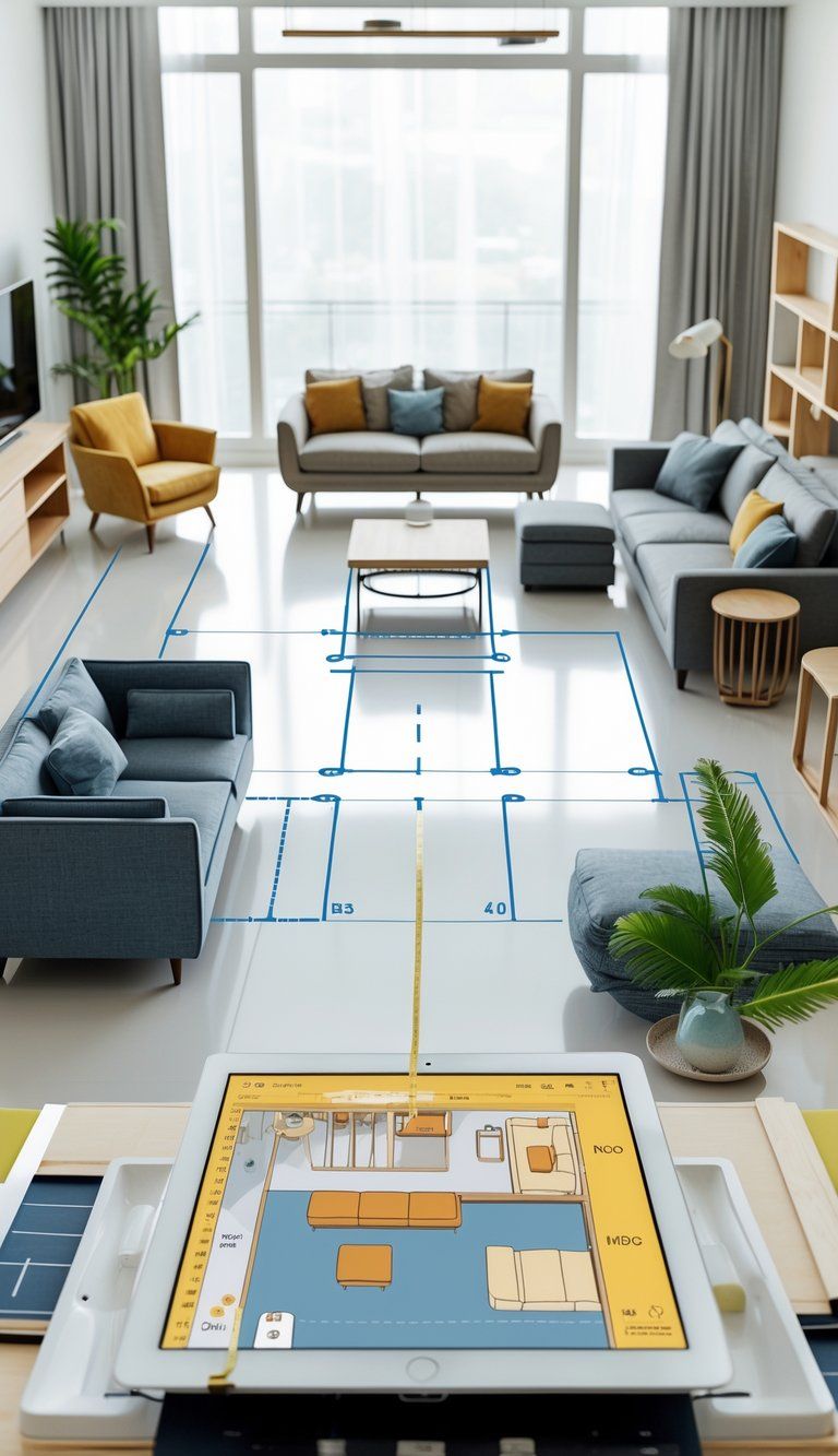 A person measuring and planning furniture arrangement in a spacious living room with well-scaled furniture and clear pathways.