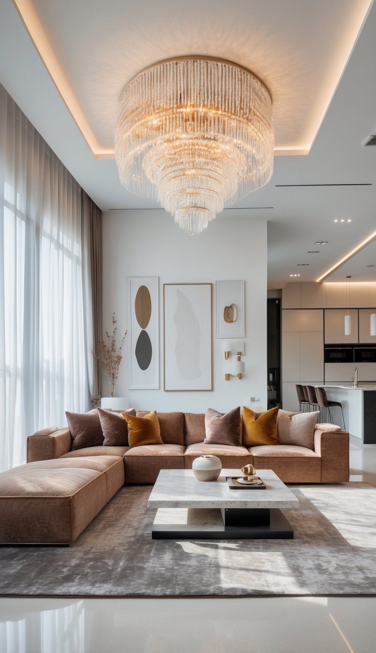 A modern living room with a chandelier, plush sofa, marble coffee table, large windows, and a view of a sleek kitchen in the background.