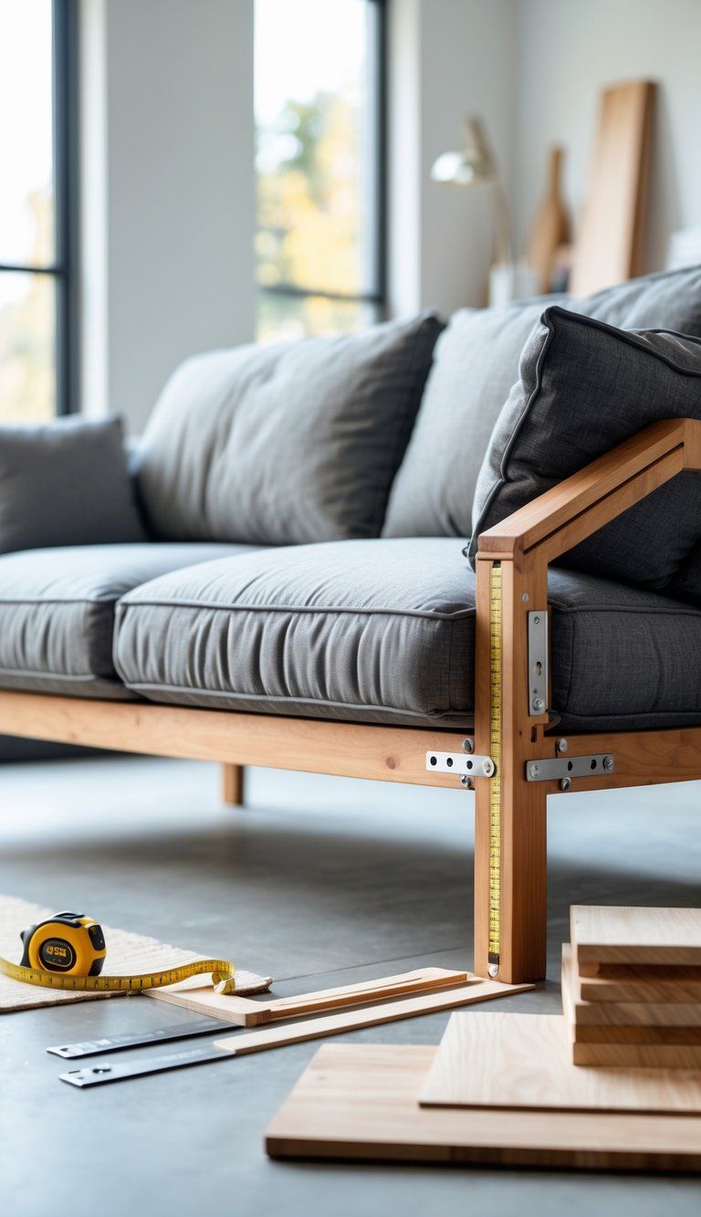 A close-up view of a sturdy sofa frame in a bright living room with furniture-making tools nearby.