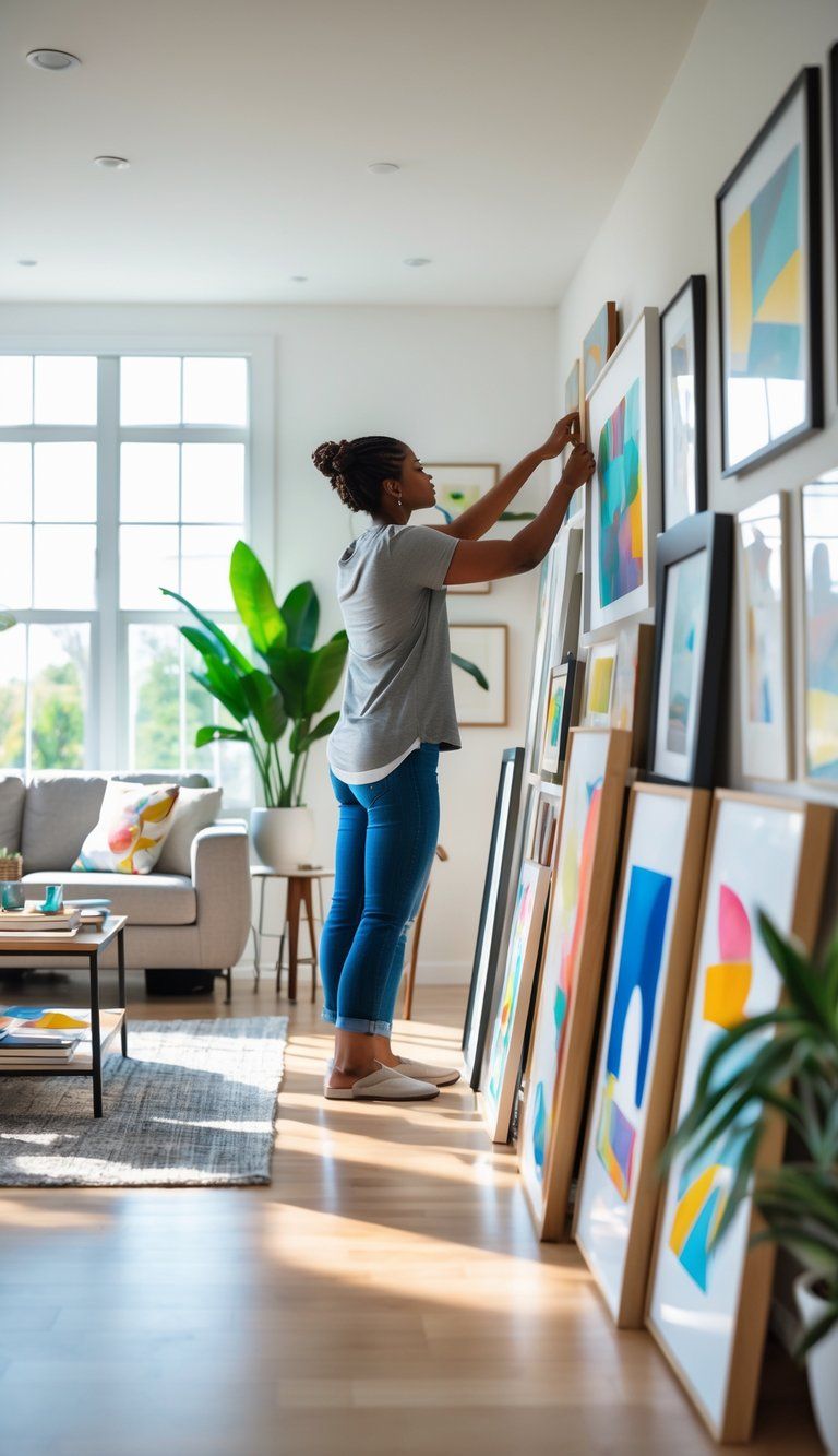 Person in a bright living room holding artwork up against the wall surrounded by furniture and plants.