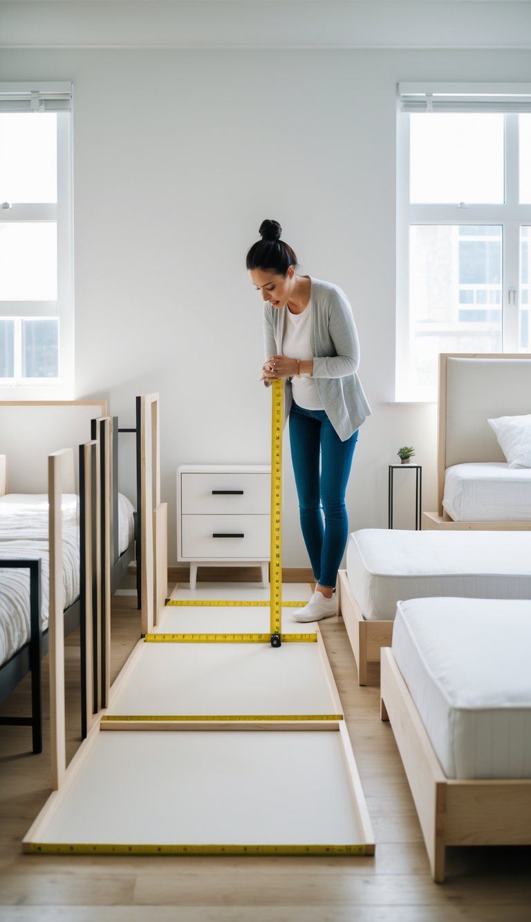 A person measuring floor space in a modern bedroom with several bed frames of different sizes arranged nearby.