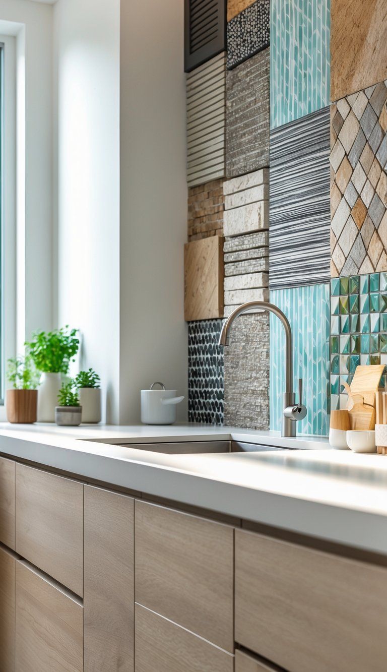 A modern kitchen countertop with several different backsplash styles including mosaic tiles, natural stone, geometric patterns, and glass panels, lit by natural light with kitchen accessories and plants nearby.