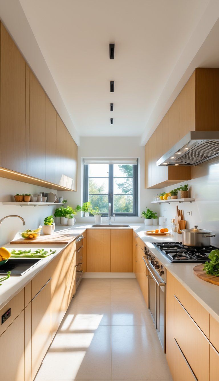 A modern kitchen with distinct areas for food preparation, cooking, cleaning, and storage, featuring clean countertops, fresh ingredients, and natural light.