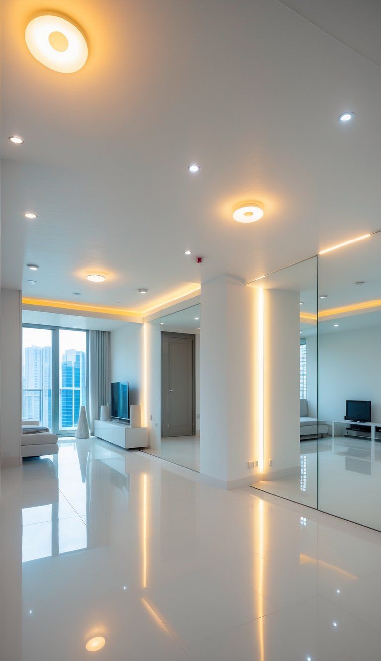 A bright room with low ceilings illuminated by recessed and wall-mounted lights that create a spacious and open atmosphere.