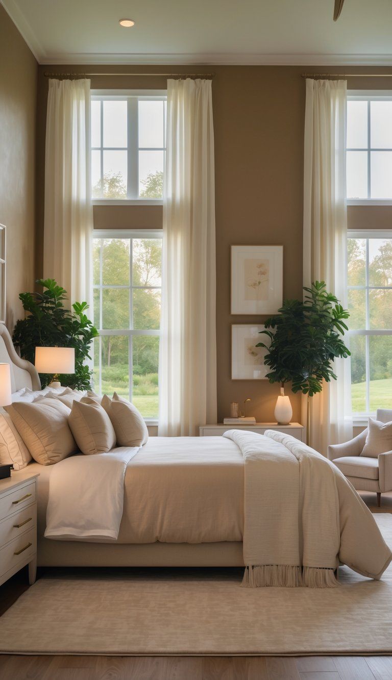 A spacious master bedroom with a large bed, natural light from windows, a seating area, plants, and calming decor creating a peaceful retreat.