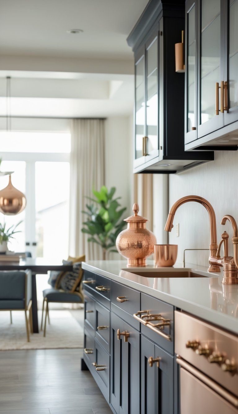 A modern interior space showing various metal finishes like brass, nickel, black, and copper mixed in fixtures and decor items.