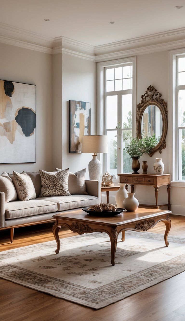 A well-lit living room with a sofa, coffee table, window, paintings, and decorative items arranged in a cozy and inviting setting.