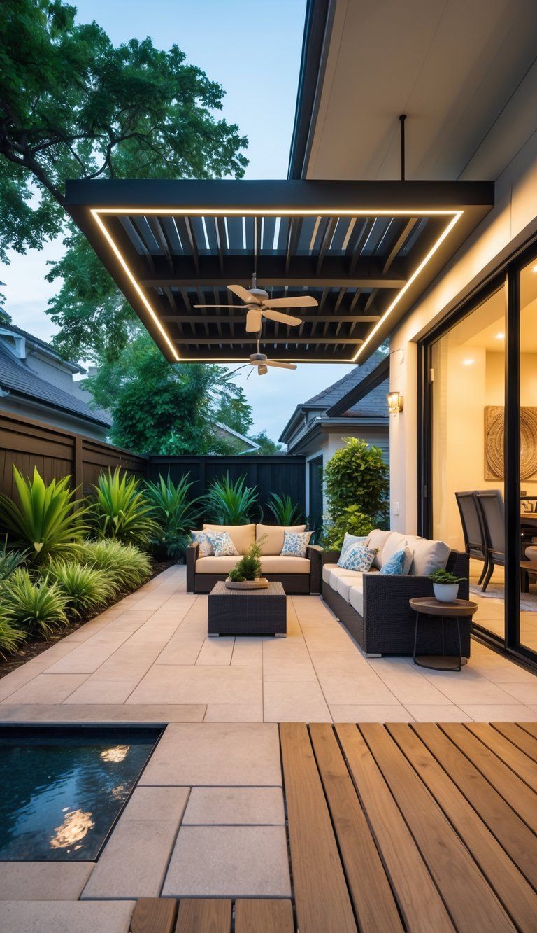 An outdoor living area connected to a modern home with comfortable seating, a pergola, and surrounding greenery.