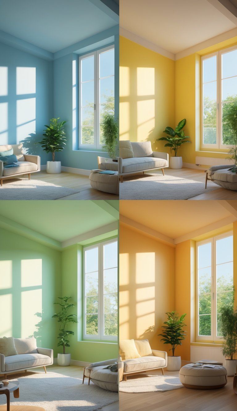 Four adjacent rooms each painted in different colors suitable for north, south, east, and west-facing orientations, showing natural light coming through large windows.