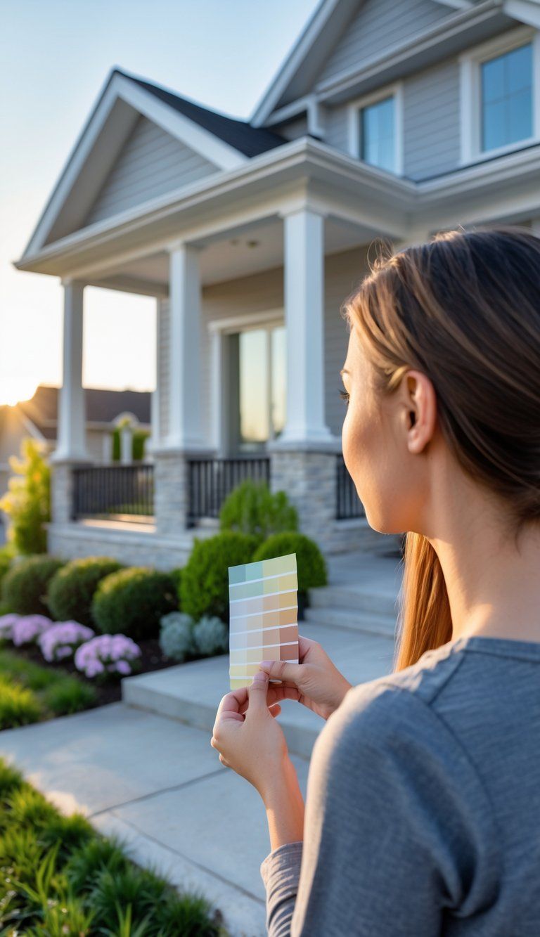 Person holding a color palette near the front porch of a modern suburban home, assessing the exterior for paint colors.