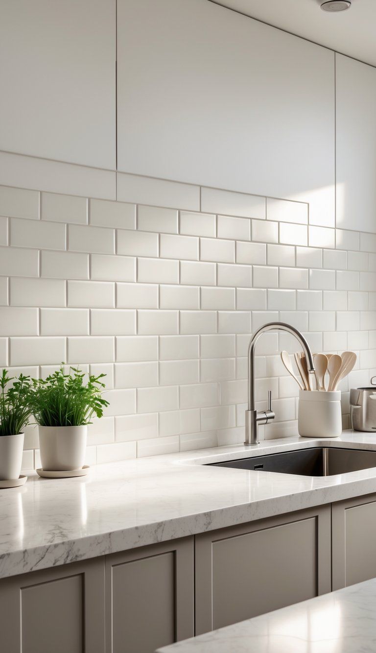 A kitchen backsplash with white subway tiles, a stone countertop, a faucet, and potted plants on the counter.