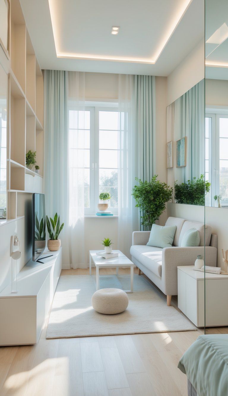 A small living room with light-colored walls, large windows, compact furniture, mirrors, and plants creating a bright and spacious feel.