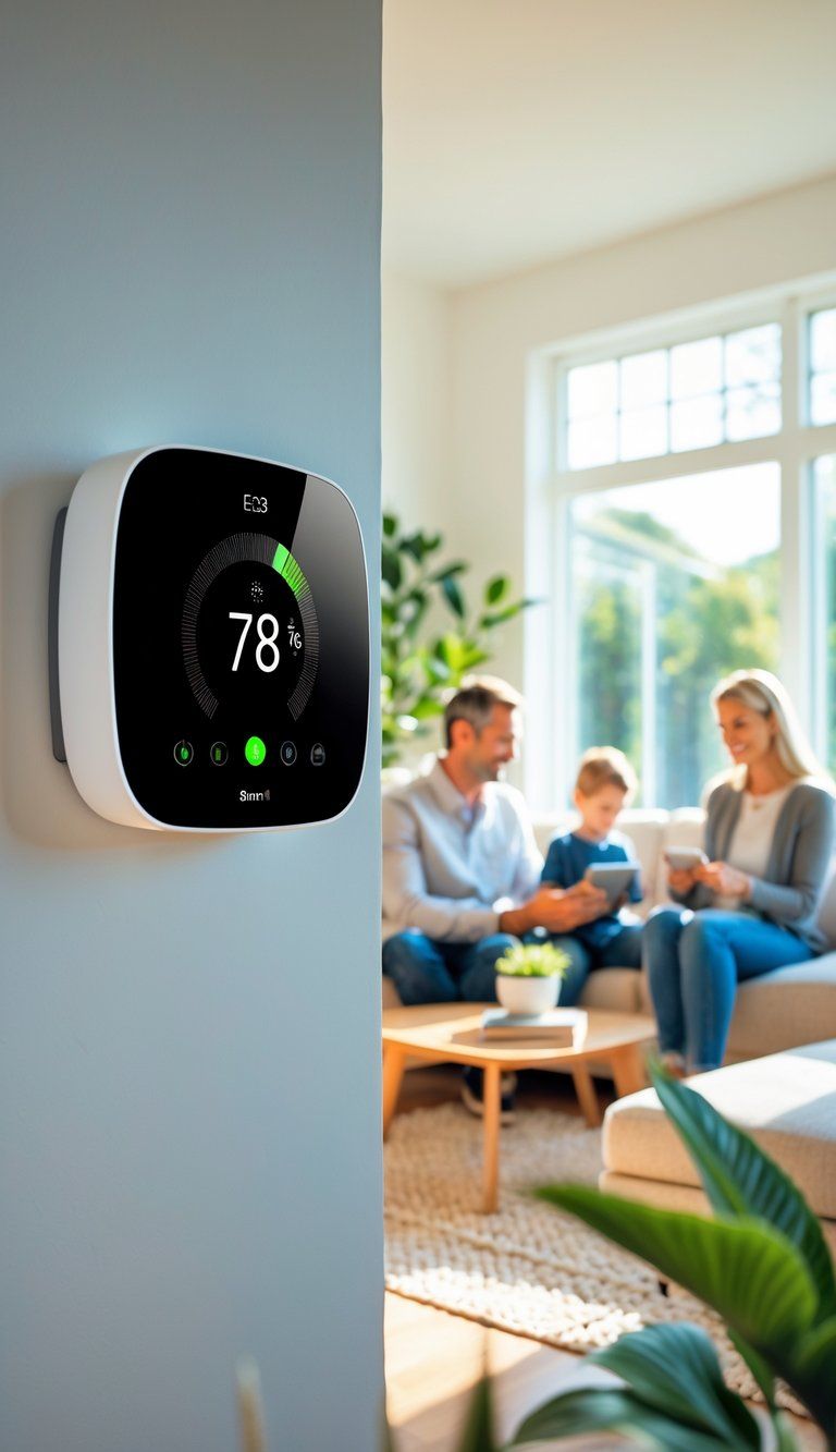 A family in a bright living room with a smart thermostat on the wall showing eco-friendly settings.