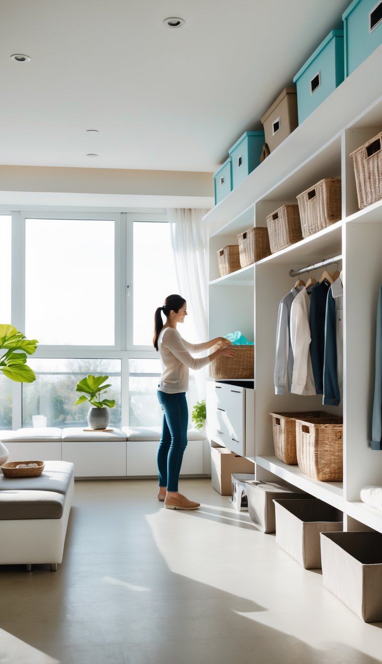 A person organizing items into storage containers in a tidy, well-lit living room with shelves and storage solutions.