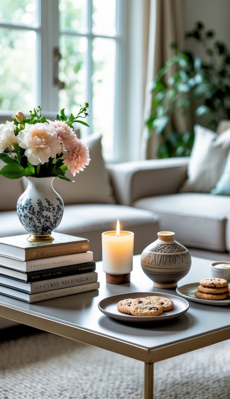 A coffee table arranged with books, flowers, a candle, a bowl, and a cup of coffee in a cozy living room.