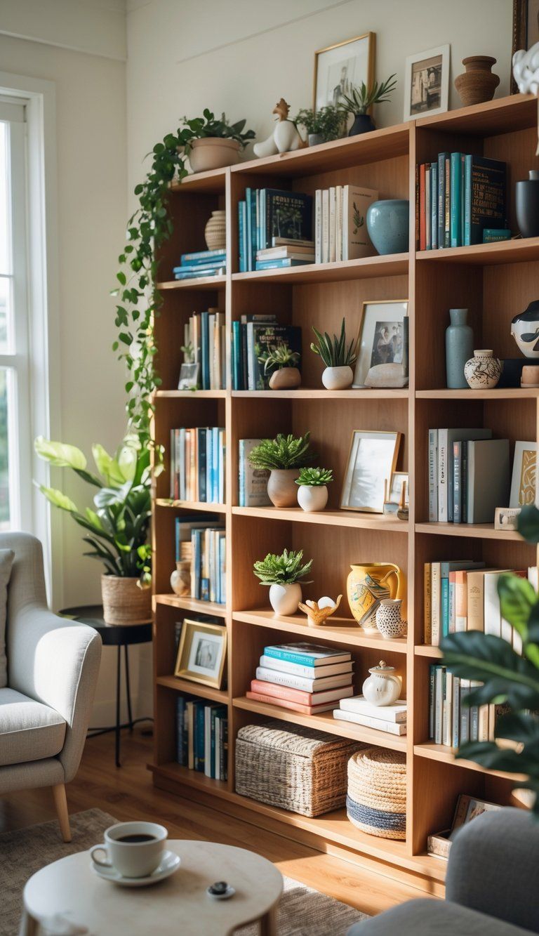 A bookshelf filled with books, plants, framed photos, and decorative items arranged in a living room with natural light and a cozy armchair nearby.