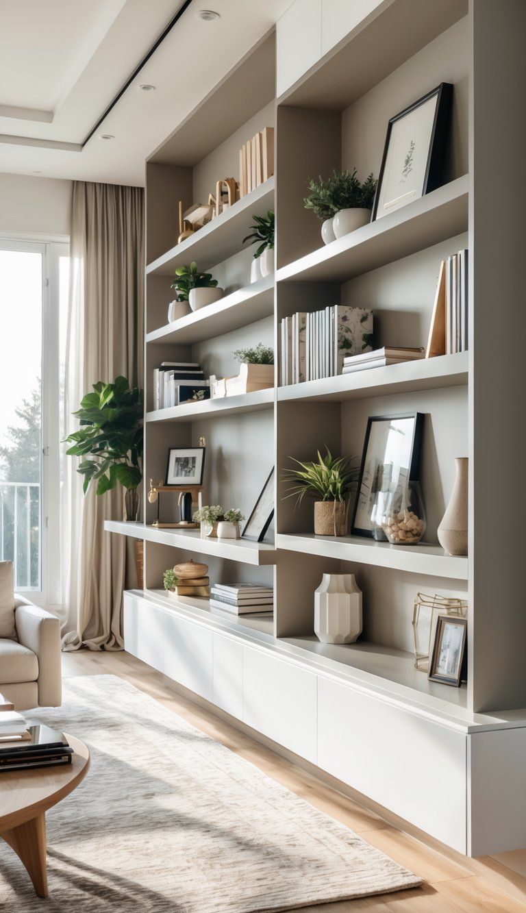 A living room with various shelves filled with books, plants, and decorative items, illuminated by natural light.