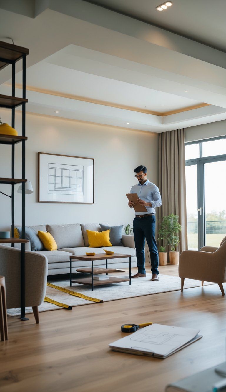 A person assessing furniture arrangement in a modern living room with sofa, coffee table, armchair, and measurement tools.