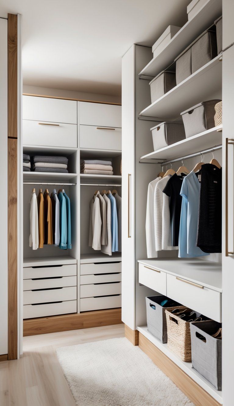 A scene showing different types of organized closets with shelves, hanging clothes, drawers, and storage bins.