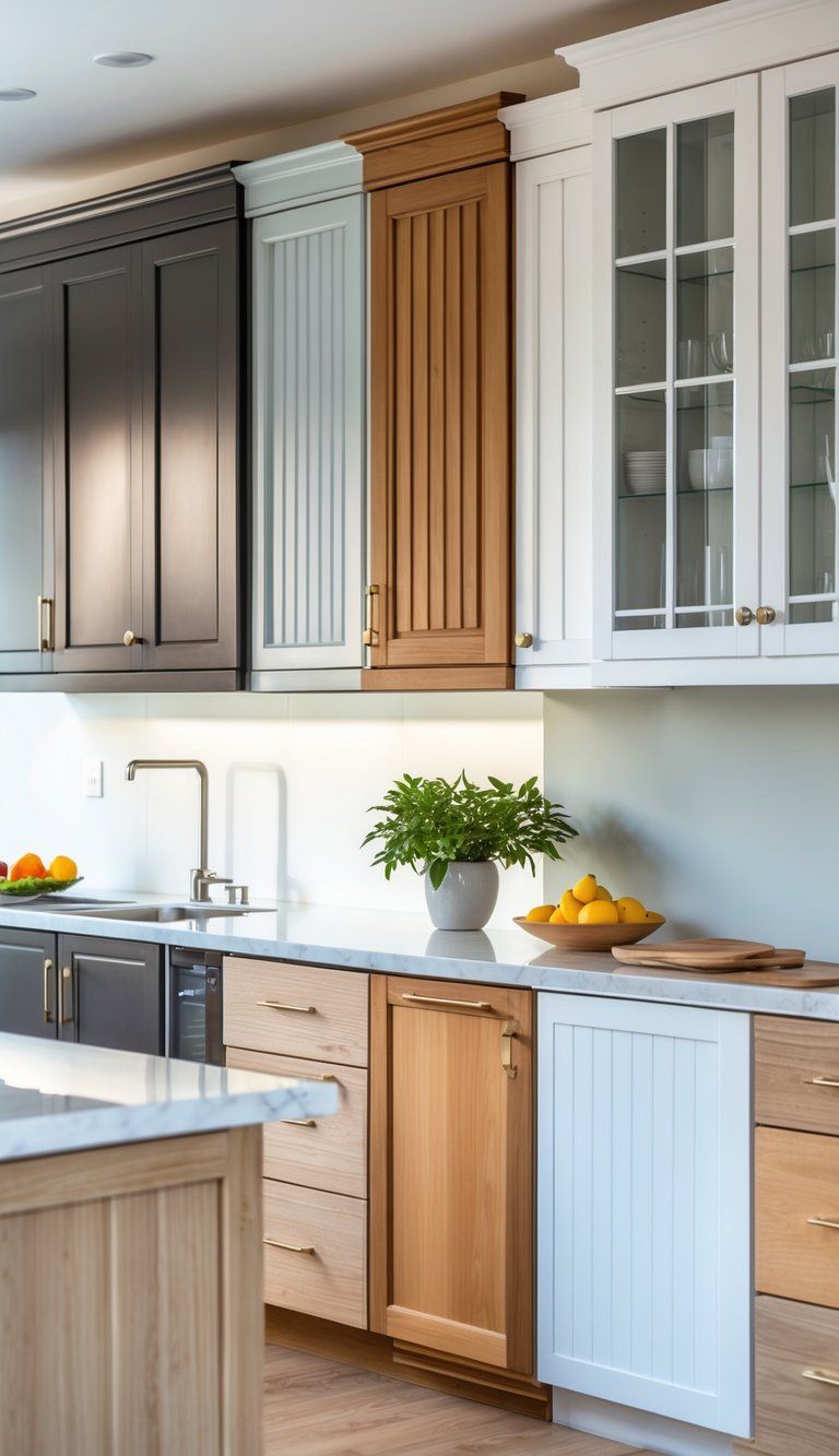 A bright kitchen showing various styles of cabinet doors made from different materials, with clean countertops and modern appliances.