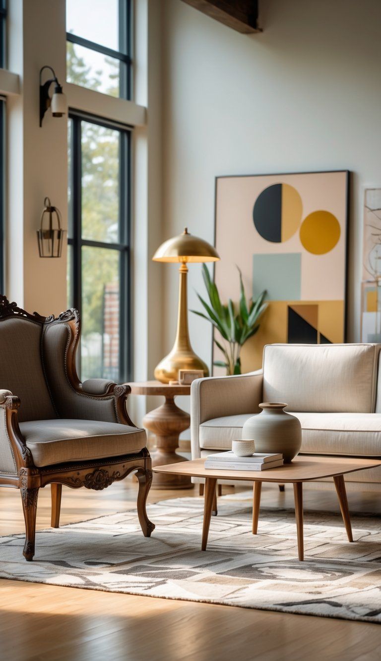 A bright living room with a wooden armchair, a modern sofa, a coffee table, and various decorative items arranged together.