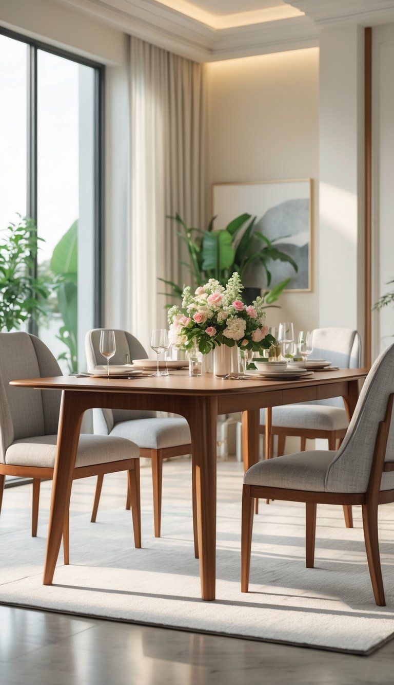 A well-lit dining area with a wooden table and matching chairs, decorated with flowers and tableware, set in a bright room with plants and artwork.