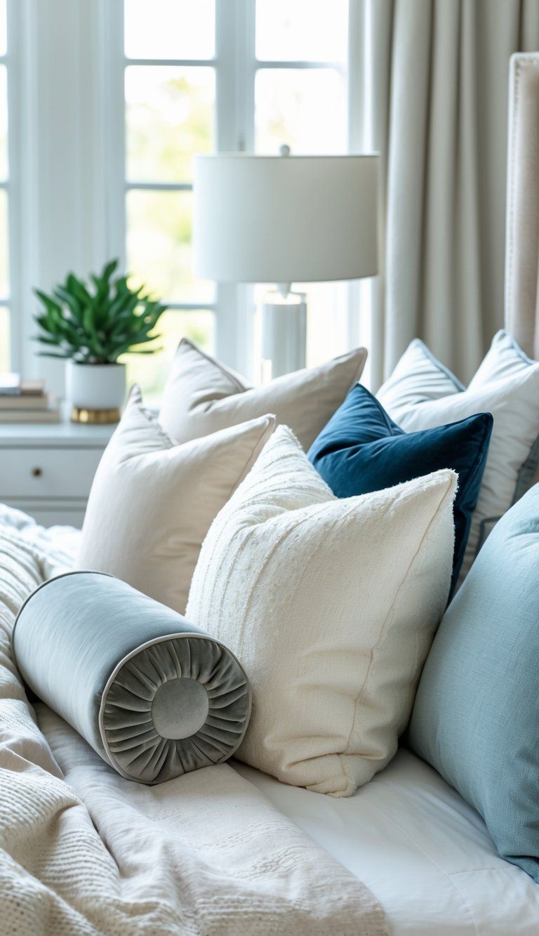 A neatly made bed with a variety of pillows arranged in different shapes and colors in a bright bedroom.