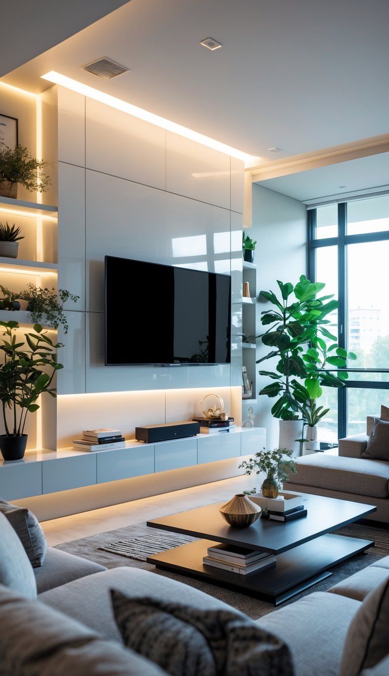 A living room with a wall-mounted TV, sofa, coffee table, plants, and large windows letting in natural light.